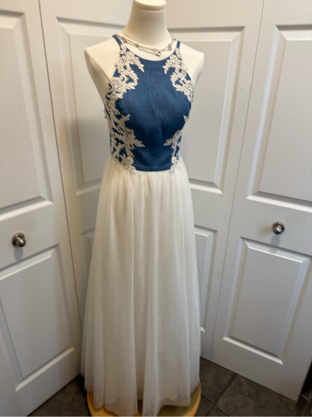 Blondie Nites Blue and White Lace Halter Prom Gown